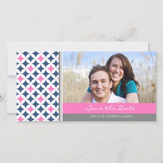 Pink Blue Grey Save the Date Wedding Photo Cards (Front)
