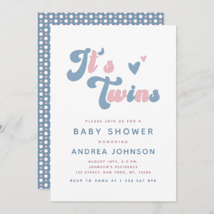 Pink & Blue Groovy Retro Twins Dotted Baby Shower Invitation