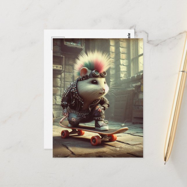 Pink Blue Hair Punk Rock Skateboarding Hamster Postcard (Front/Back In Situ)