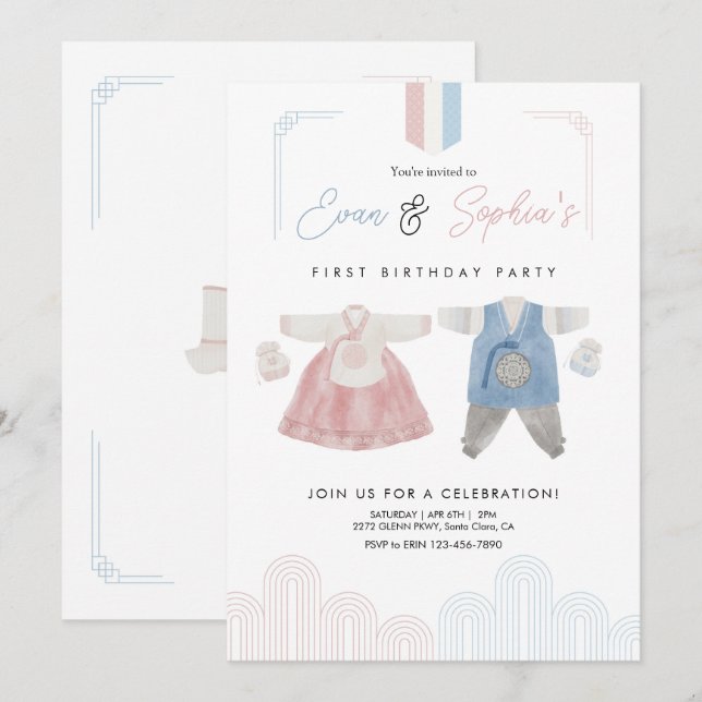 Pink Blue Hanbok Korean Doljanchi First Birthday  Invitation (Front/Back)