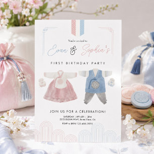 Pink Blue Hanbok Korean Doljanchi First Birthday Invitation