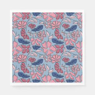Pink Blue Hand Drawn Floral Block Print Napkin
