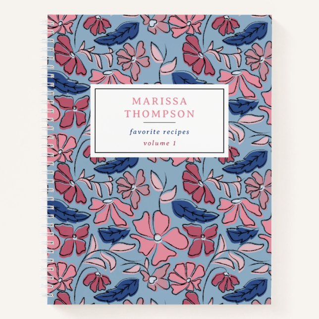Pink & Blue Hand Drawn Floral Block Print Recipe Notebook (Front)