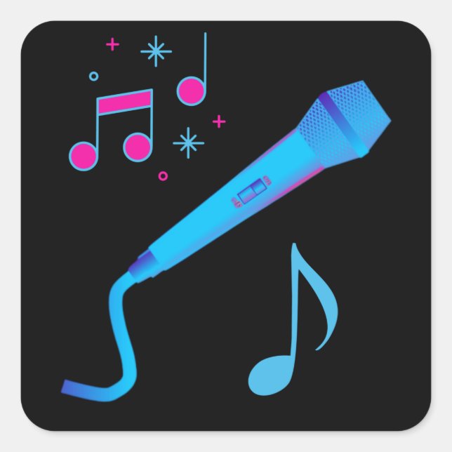 Pink blue hand drawn microphone musical notes square sticker (Front)