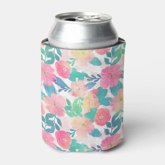 Pink Blue Hand Paint Floral Girly Design Can Cooler (Can Front)