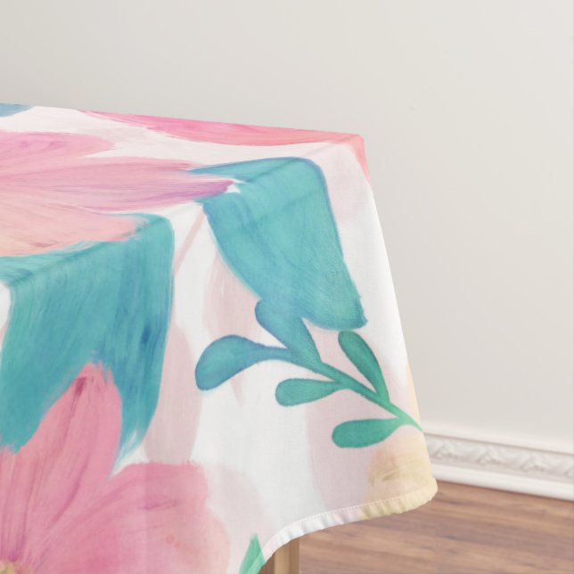 Pink Blue Hand Paint Floral Girly Design Tablecloth (In Situ)