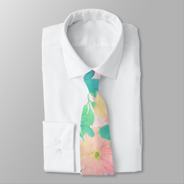 Pink Blue Hand Paint Floral Girly Design Tie (Tied)
