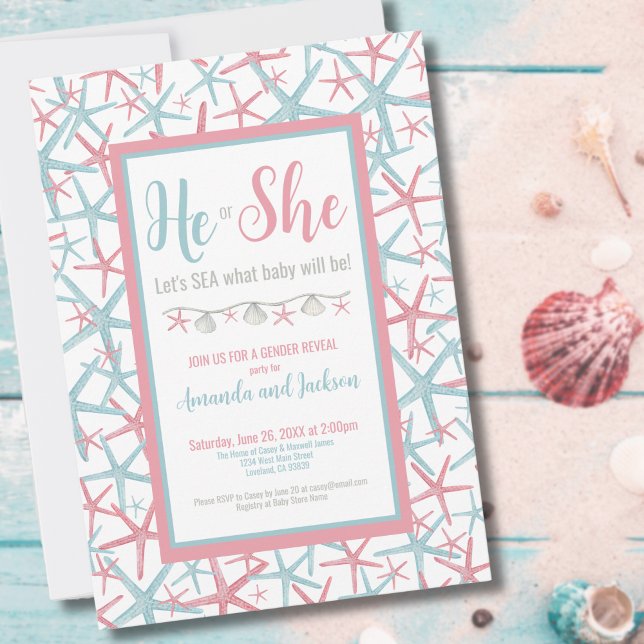 Pink Blue He She Summer Gender Reveal Party Invitation (Pink and Blue He or She Summer Gender Reveal Party Invitation)