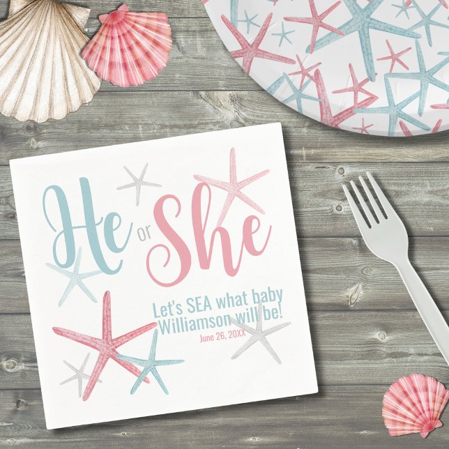Pink Blue He She Summer Gender Reveal Party Napkin (Cute Pink Blue He She Summer Gender Reveal Party Napkins)