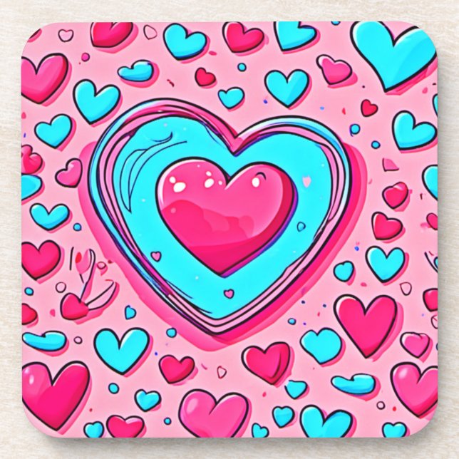 Pink Blue Heart Pattern Coaster (Front)