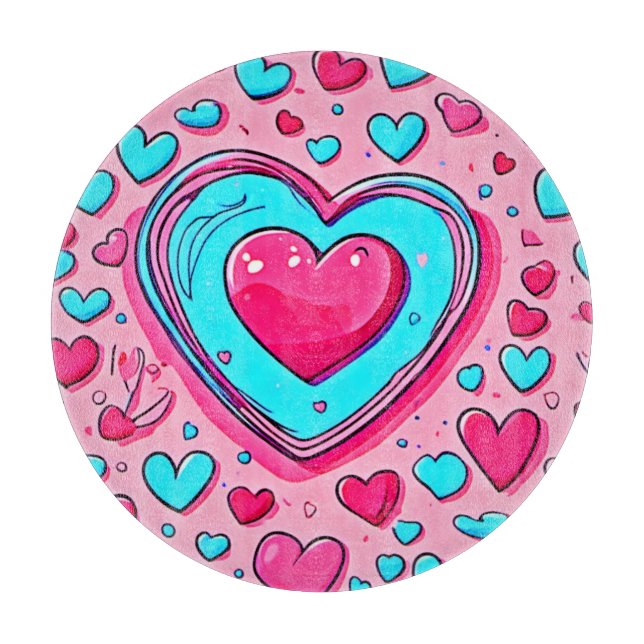 Pink Blue Heart Pattern Cutting Board (Front)