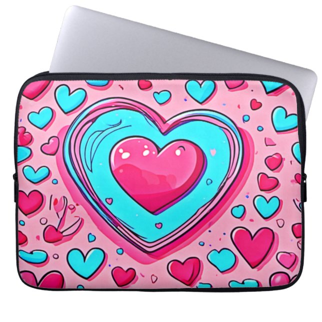 Pink Blue Heart Pattern Laptop Sleeve (Front)