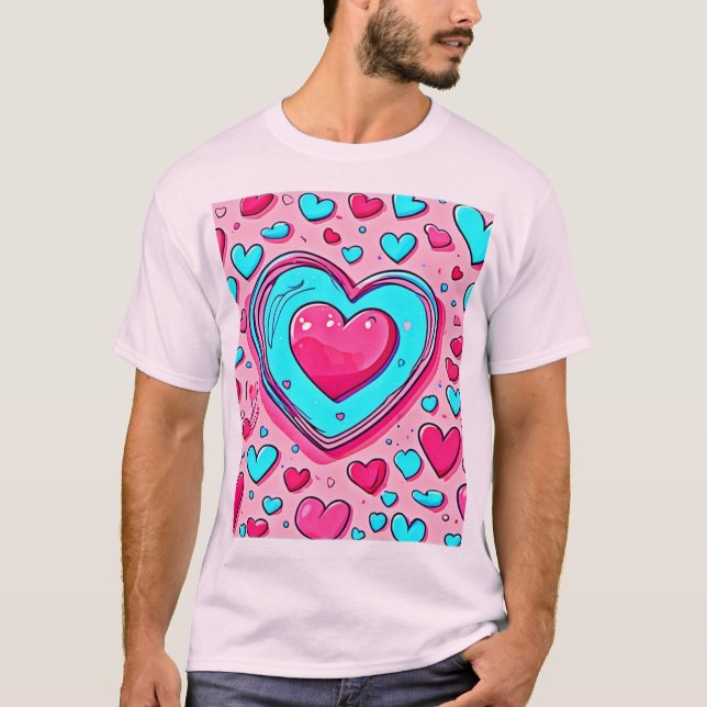 Pink Blue Heart Pattern T-Shirt (Front)
