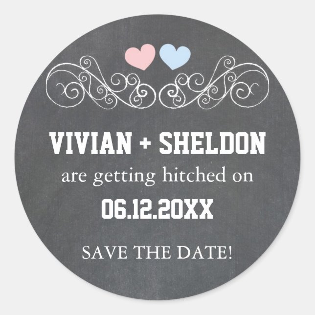 Pink Blue Hearts Chalkboard Wedding Classic Round Sticker (Front)
