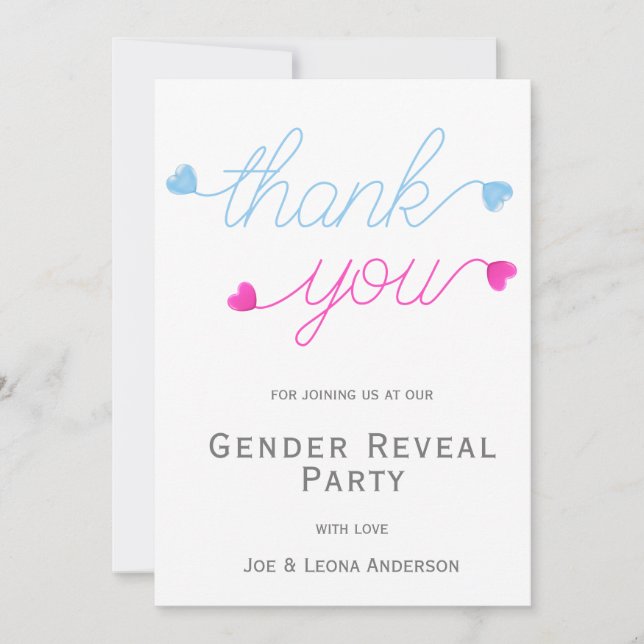 Pink & Blue Hearts Gender Reveal Party Thank You Card (Front)