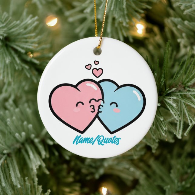 Pink & Blue Hearts Kiss Ceramic Tree Decoration (Tree)