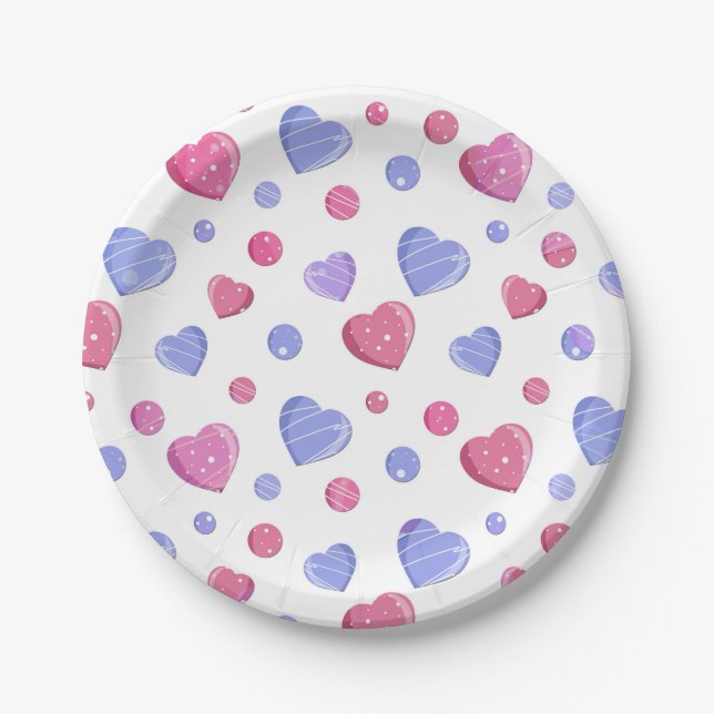 Pink, blue hearts on a white background. paper plate (Front)