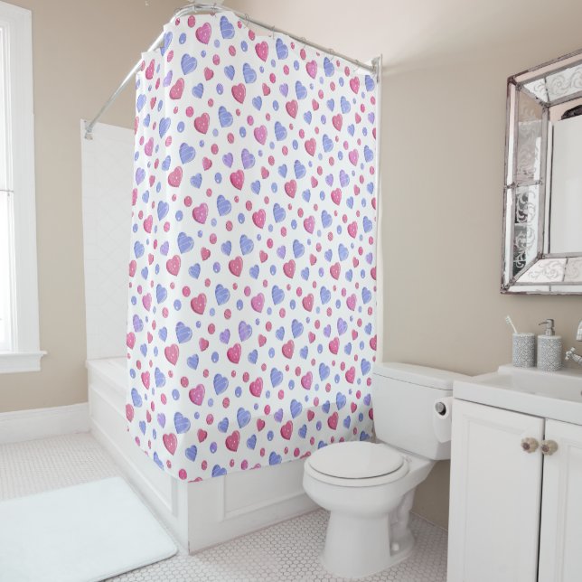 Pink, blue hearts on a white background. shower curtain (In Situ)