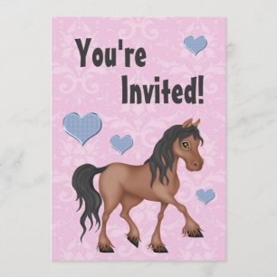 Pink & Blue Horse & Hearts Damask Birthday Invite