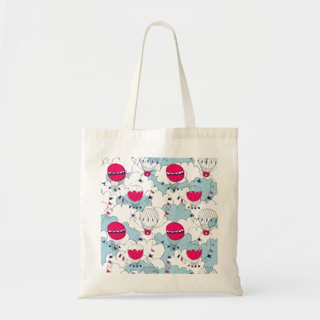 Pink & Blue Hot Air Balloon Doodle Sketch Pattern Tote Bag (Front)
