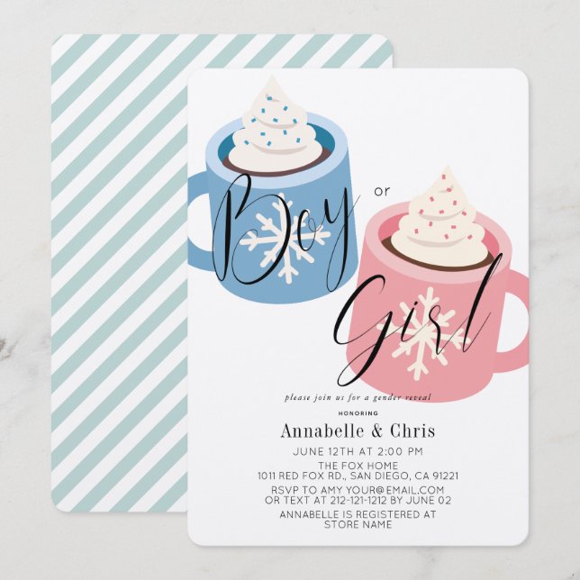 Pink & Blue Hot Chocolate Mugs Gender Reveal Invitation (Front/Back)