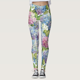 Pink Blue Hydrangea in Bloom Floral Pattern Leggings