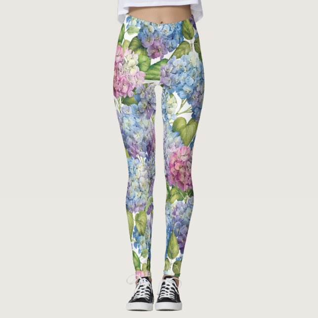 Pink Blue Hydrangea in Bloom Floral Pattern Leggings (Front)