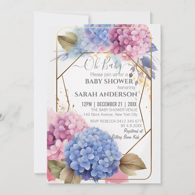 Pink Blue Hydrangea Watercolor Baby Shower Frame Invitation (Front)
