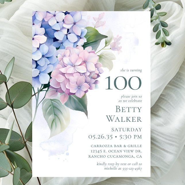  Pink Blue Hydrangeas 100th Birthday Party Invitation (Creator Uploaded)