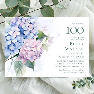 Pink Blue Hydrangeas 100th Birthday Party Invitation