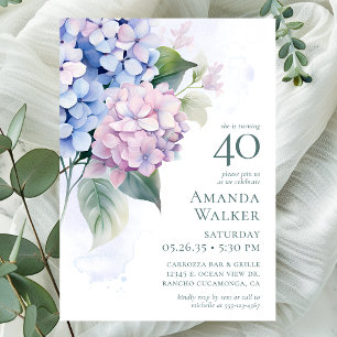 Pink Blue Hydrangeas 40th Birthday Party Invitation
