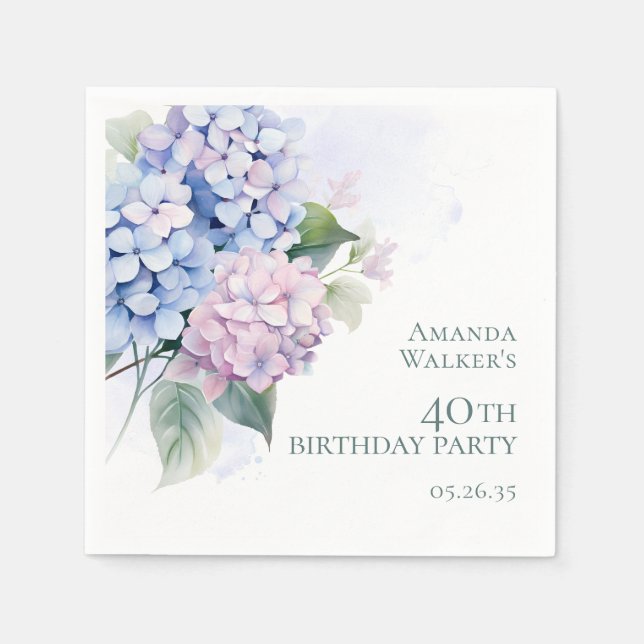 Pink Blue Hydrangeas 40th Birthday Party Napkin (Front)
