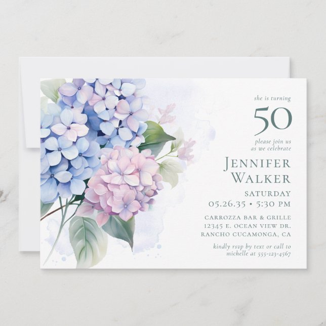 Pink Blue Hydrangeas 50th Birthday Card Request (Front)