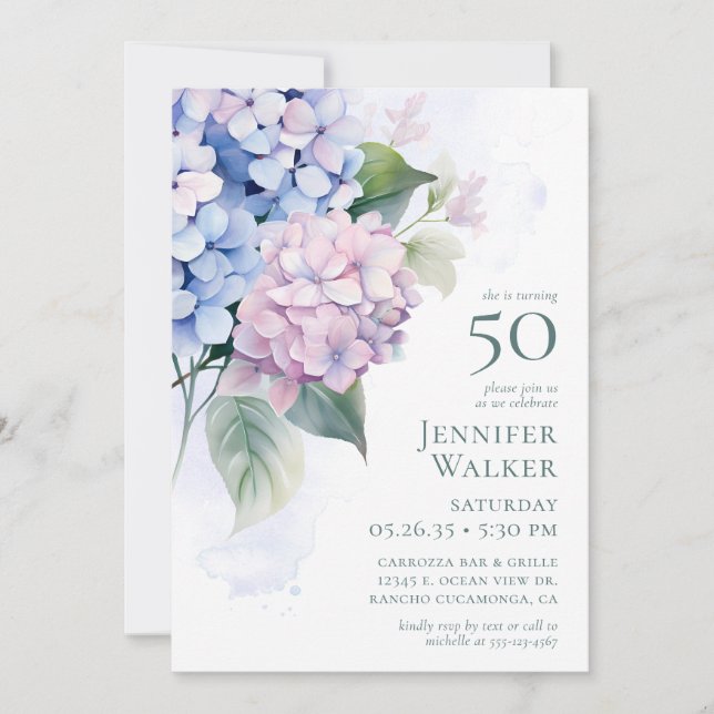  Pink Blue Hydrangeas 50th Birthday Card Request  (Front)