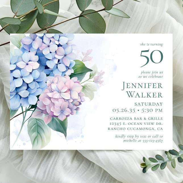 Pink Blue Hydrangeas 50th Birthday Party Invitation (Creator Uploaded)