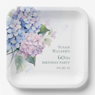 Pink Blue Hydrangeas 60th Birthday Paper Plate