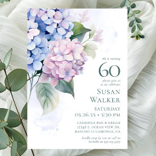 Pink Blue Hydrangeas 60th Birthday Party Invitation