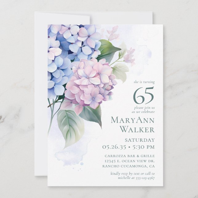  Pink Blue Hydrangeas 65th Birthday Card Request  (Front)