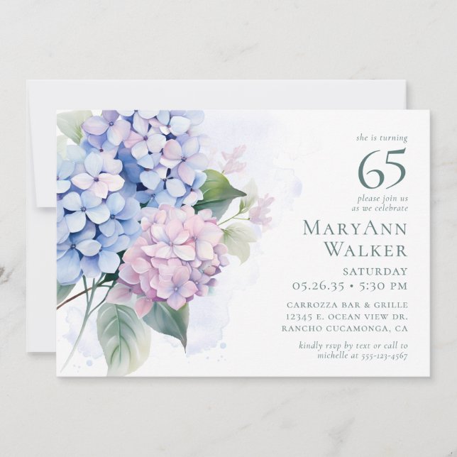 Pink Blue Hydrangeas 65th Birthday Card Request (Front)
