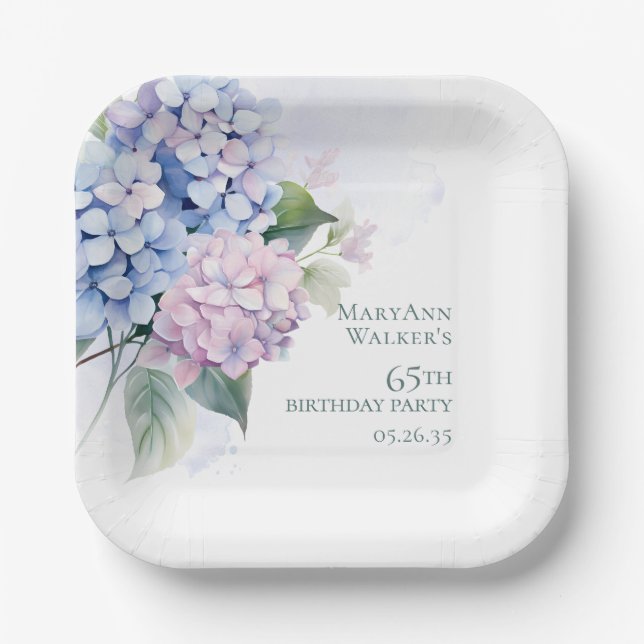 Pink Blue Hydrangeas 65th Birthday Paper Plate (Front)