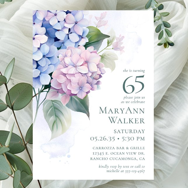 Pink Blue Hydrangeas 65th Birthday Party Invitation (Creator Uploaded)