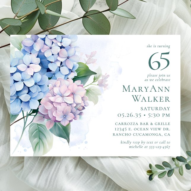 Pink Blue Hydrangeas 65th Birthday Party Invitation (Creator Uploaded)