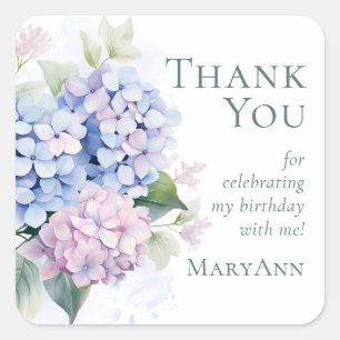 Pink Blue Hydrangeas 65th Birthday Party Thank You Square Sticker