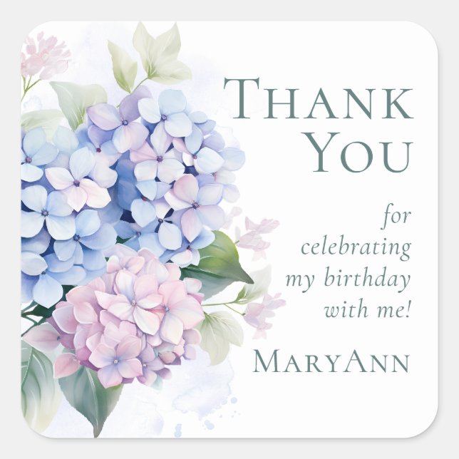 Pink Blue Hydrangeas 65th Birthday Party Thank You Square Sticker (Front)
