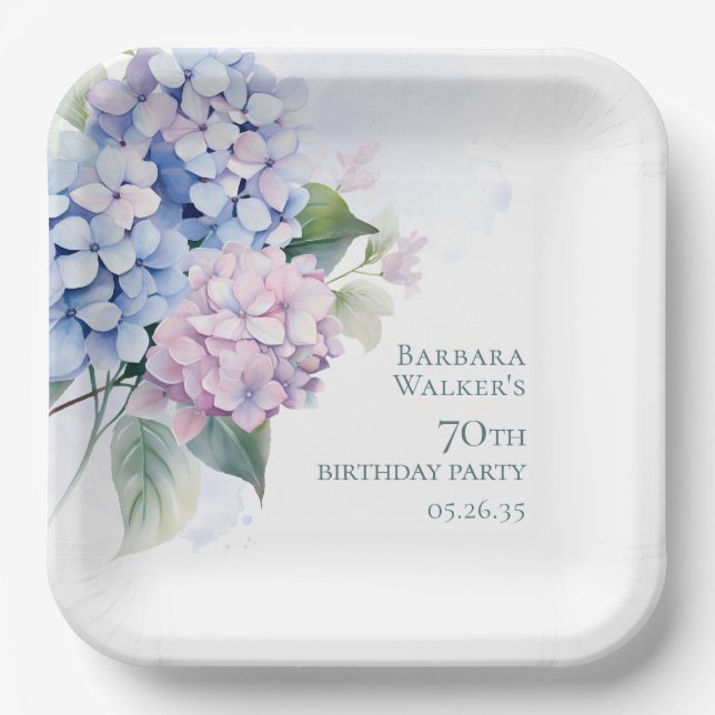 Pink Blue Hydrangeas 70th Birthday Paper Plate (Front)