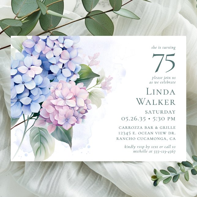 Pink Blue Hydrangeas 75th Birthday Party Invitation (Creator Uploaded)