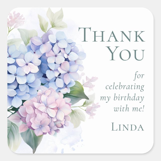Pink Blue Hydrangeas 75th Birthday Party Thank You Square Sticker (Front)