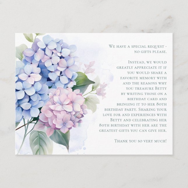 Pink Blue Hydrangeas 80th Birthday Card Request (Front)