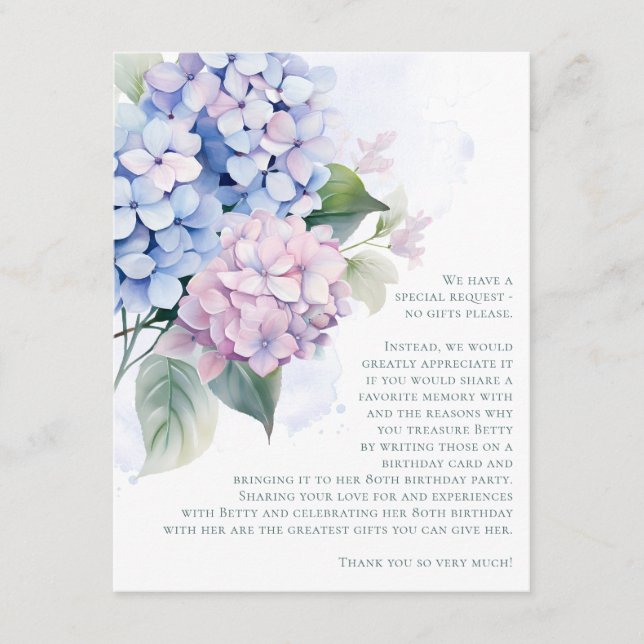 Pink Blue Hydrangeas 80th Birthday Card Request (Front)