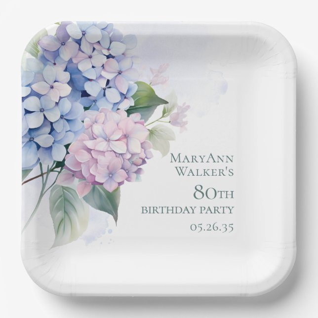 Pink Blue Hydrangeas 80th Birthday Paper Plate (Front)